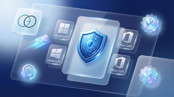 Glassmorphic trust banner showing a security shield, Windows 10 and Windows 11 icons, Office 2019 and Office 2024 icons, instant email delivery symbol, verified badge, and customer support headset — representing secure genuine software keys and trusted digital activation.