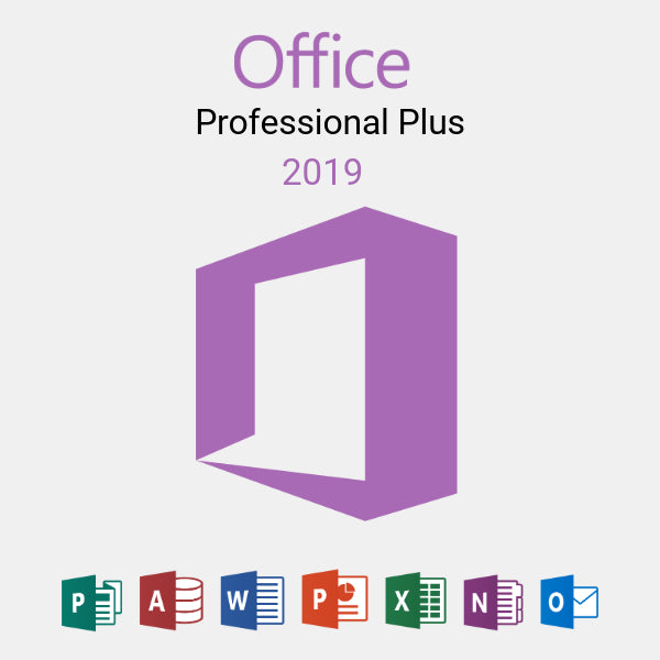 Purple Office 2019 Professional Plus logo on gray background 