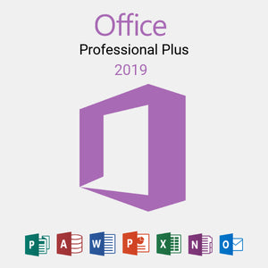 Purple Office 2019 Professional Plus logo on gray background 
